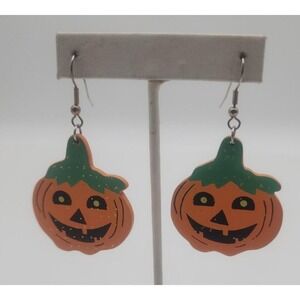 Vintage signed AAi wooden Jack-O-Lantern Halloween pumpkin pierced‎ earrings